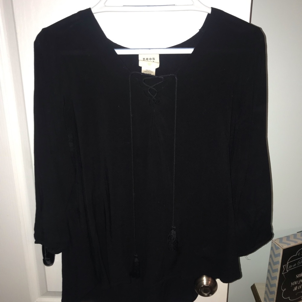Black lace up shirt, three quarter length sleeves